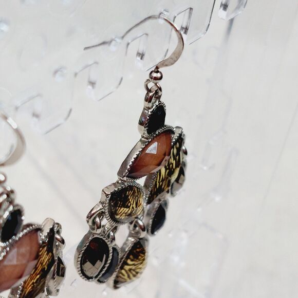 Chandelier Dangle Earrings Animal Print Gold Black Tan Faceted Lightweight - Picture 2 of 6